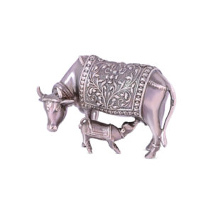 Antique Silver Kamdhenu Cow with Calf Figurine
