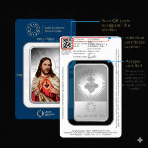 Simha's MMTC PAMP Jesus Christ (999.9) 50gm Silver Bar Simha's MMTC PAMP Jesus Christ (999.9) 50gm Silver Bar