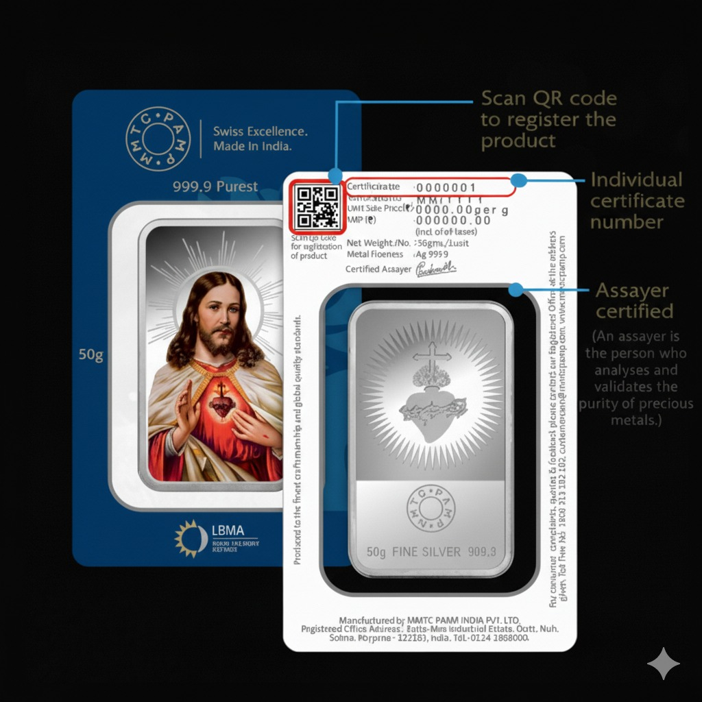 Simha's MMTC PAMP Jesus Christ (999.9) 50gm Silver Bar Simha's MMTC PAMP Jesus Christ (999.9) 50gm Silver Bar