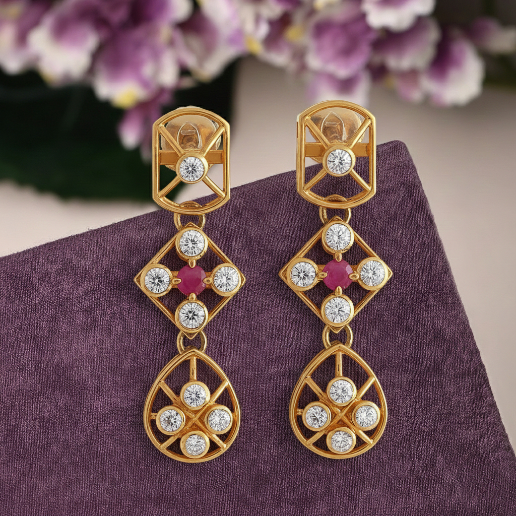Crimson Lattice Drop Gold Earrings - 22K Jewellery Crimson Lattice Drop Gold Earrings - 22K Jewellery