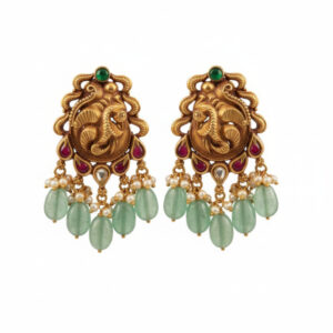 Aqua Drop Temple Gold Earrings - 22K Jewellery