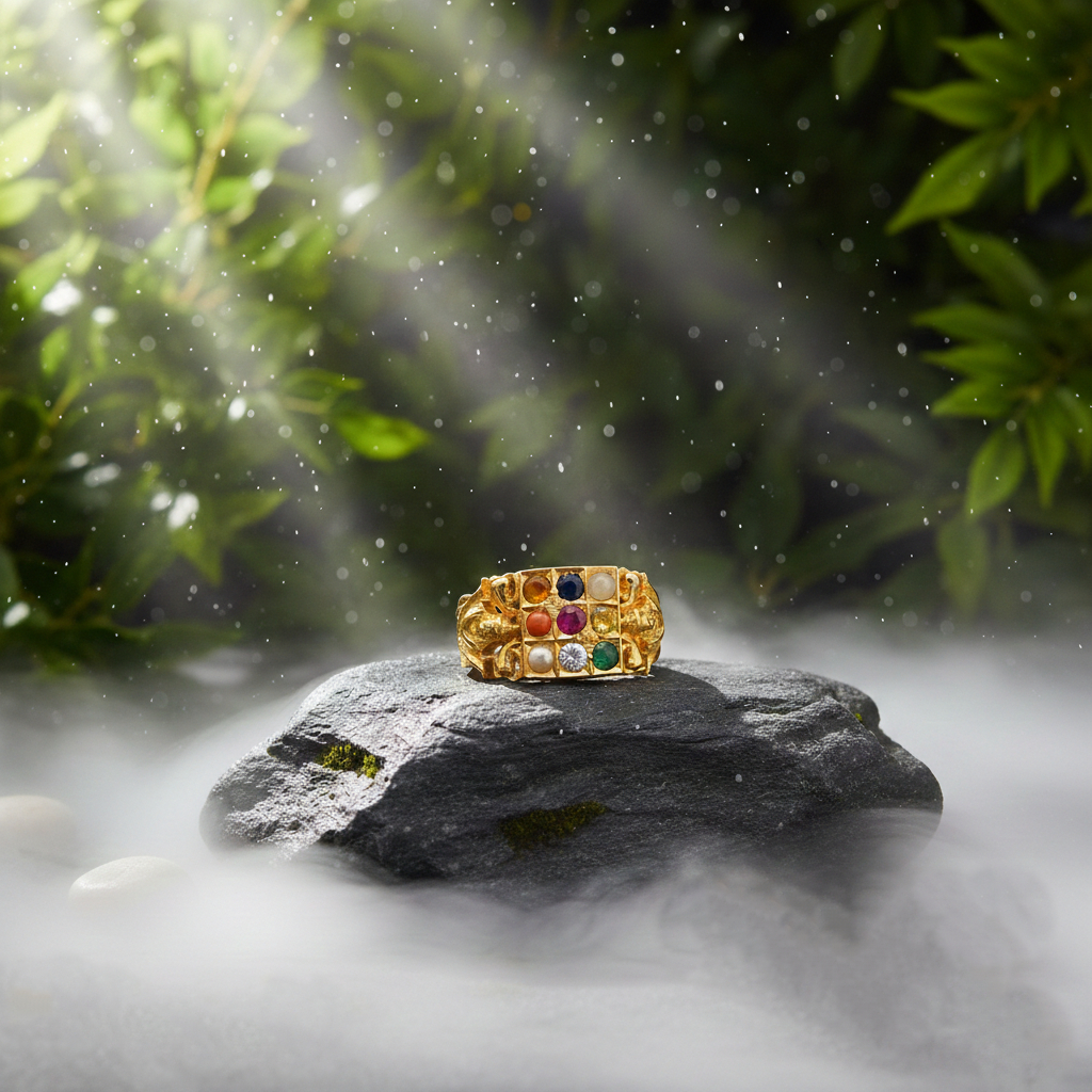 NAVARATNA AURA MEN'S GOLD RING - 22K JEWELLERY NAVARATNA AURA MEN'S GOLD RING - 22K JEWELLERY