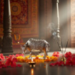 Antique Kamdhenu Cow with Calf Figurine- 925 Sterling Silver