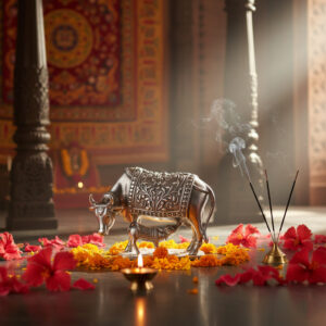 Antique Kamdhenu Cow with Calf Figurine- 925 Sterling Silver