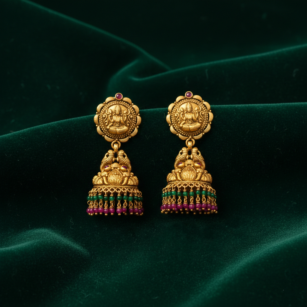 LAKSHMI ANUGRAHA TEMPLE GOLD JHUMKI- 22K JEWELLERY LAKSHMI ANUGRAHA TEMPLE GOLD JHUMKI- 22K JEWELLERY