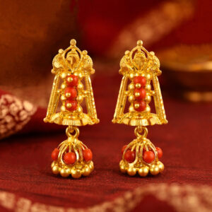 TRADITIONAL CORAL BEAD CZ GOLD JHUMKA - 22K JEWELLERY