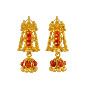 TRADITIONAL CORAL BEAD CZ GOLD JHUMKA - 22K JEWELLERY