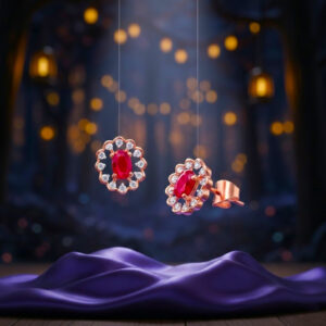 CRIMSON BLOSSOM HALO DIAMOND STUDS - 18K JEWELLERY