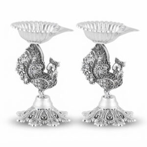 PEACOCK ELEGANCE SILVER DIYA PAIR - 925 STERLING SILVER