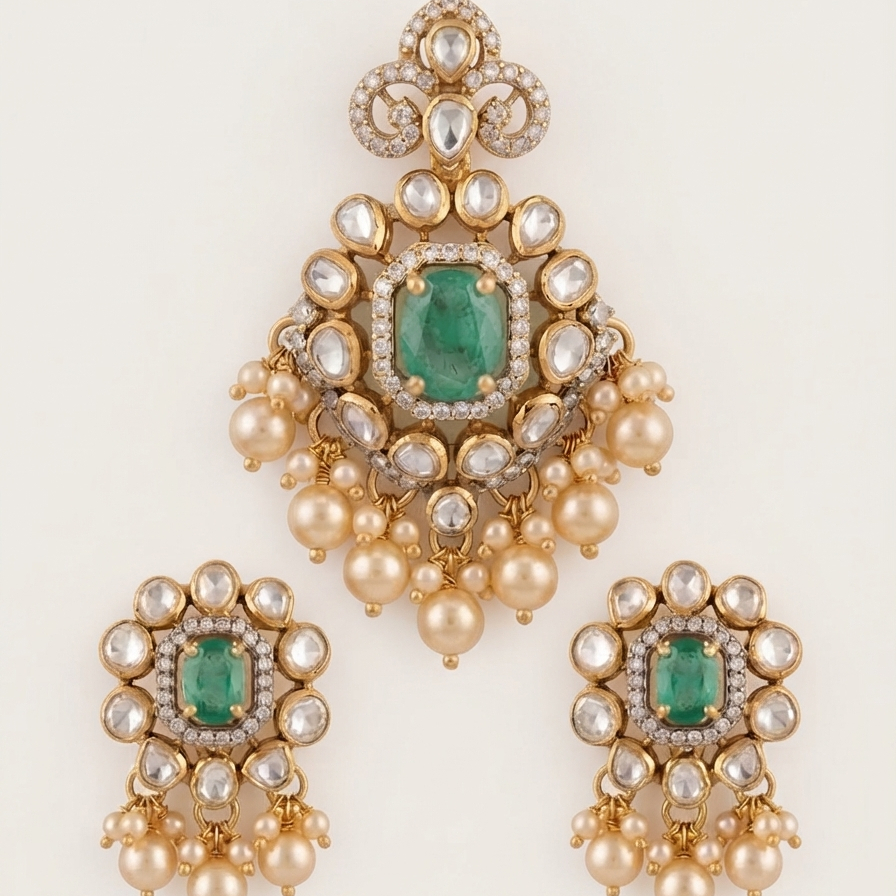 GREEN STONE AND PEARL SILVER PENDANT SET | BUY ONLINE INDIA GREEN STONE AND PEARL SILVER PENDANT SET | BUY ONLINE INDIA