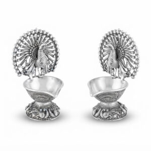 PEACOCK HERITAGE SILVER DIYA PAIR - 925 STERLING SILVER